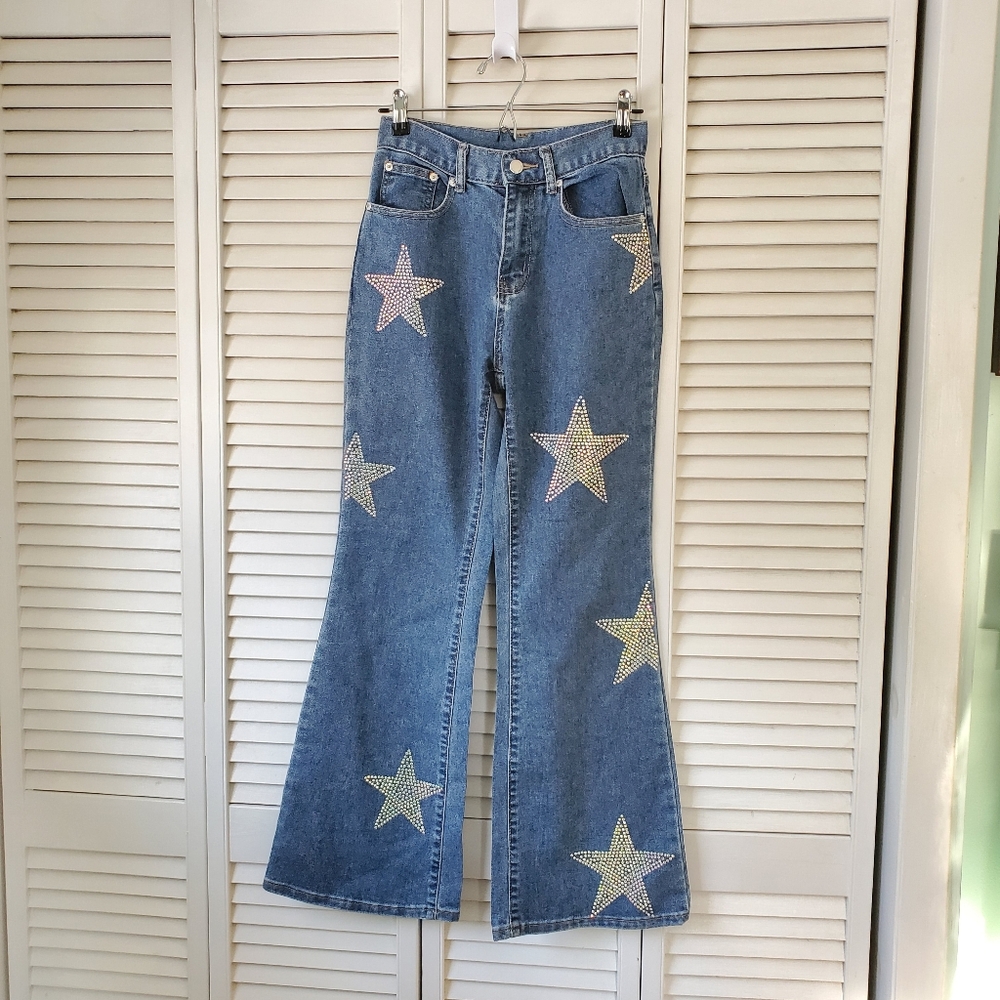 Blue B Collection Embellished Rhinestone Star Flare Jeans Western Women's S